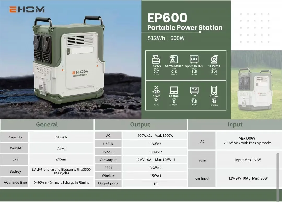Портативная электростанция EHOM EP600 512Wh LiFePO4 EVE Battery — изображение 5