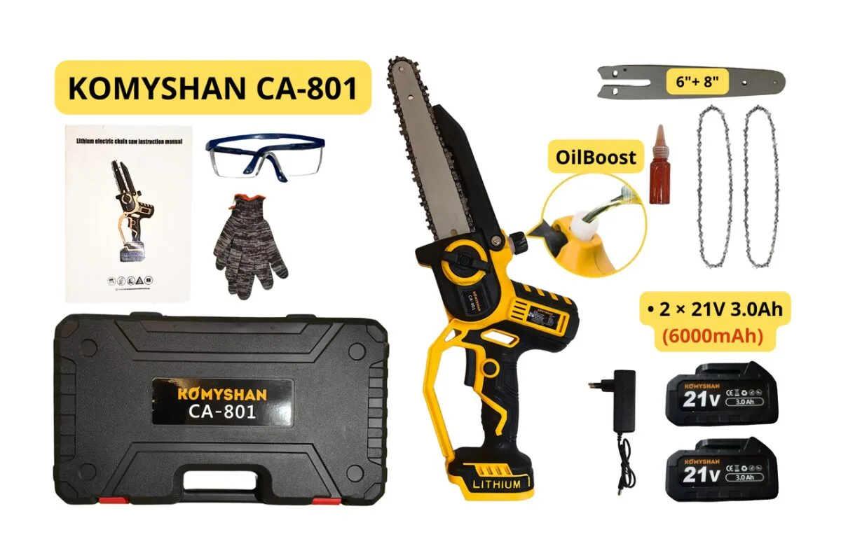 Аккумуляторная пила KOMYSHAN CA-801 — 800W, 2 АКБ ×21V 6000mAh! , автосмазка, 2 шины (6"/8"), кейс/2 цепи — изображение 9