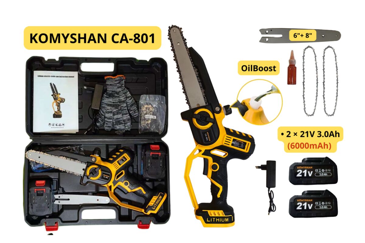 Аккумуляторная пила KOMYSHAN CA-801 — 800W, 2 АКБ ×21V 6000mAh! , автосмазка, 2 шины (6"/8"), кейс/2 цепи — изображение 6