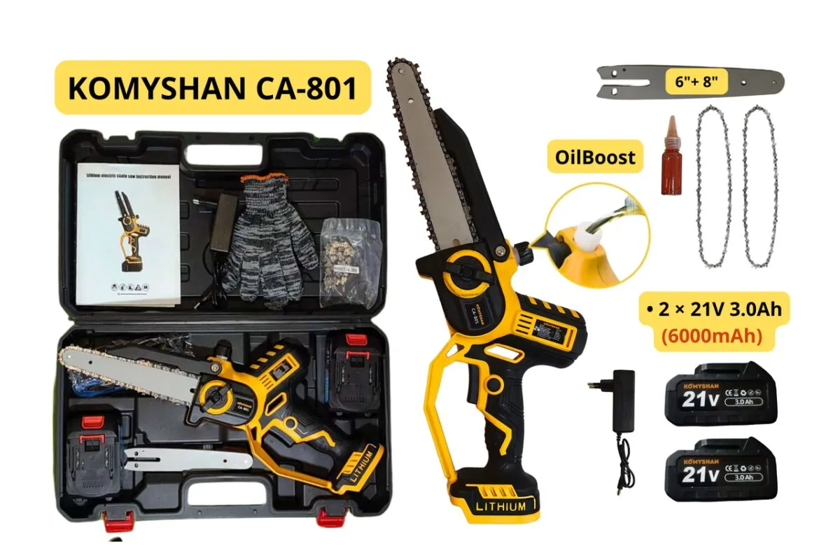 Аккумуляторная пила KOMYSHAN CA-801 — 800W, 2 АКБ ×21V 6000mAh! , автосмазка, 2 шины (6"/8"), кейс/2 цепи — изображение 6