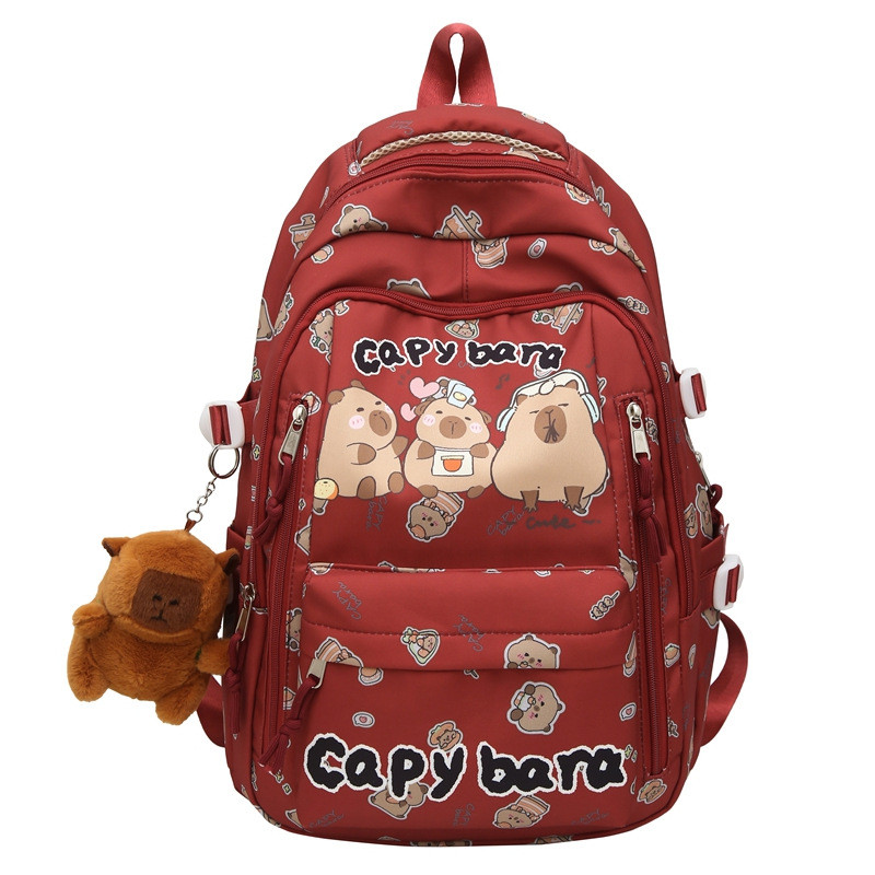 6765176308_ryukzak-capybara-s Рюкзак Capybara с мягкой игрушкой | Школьный рюкзак с капибарами красный — изображение 1