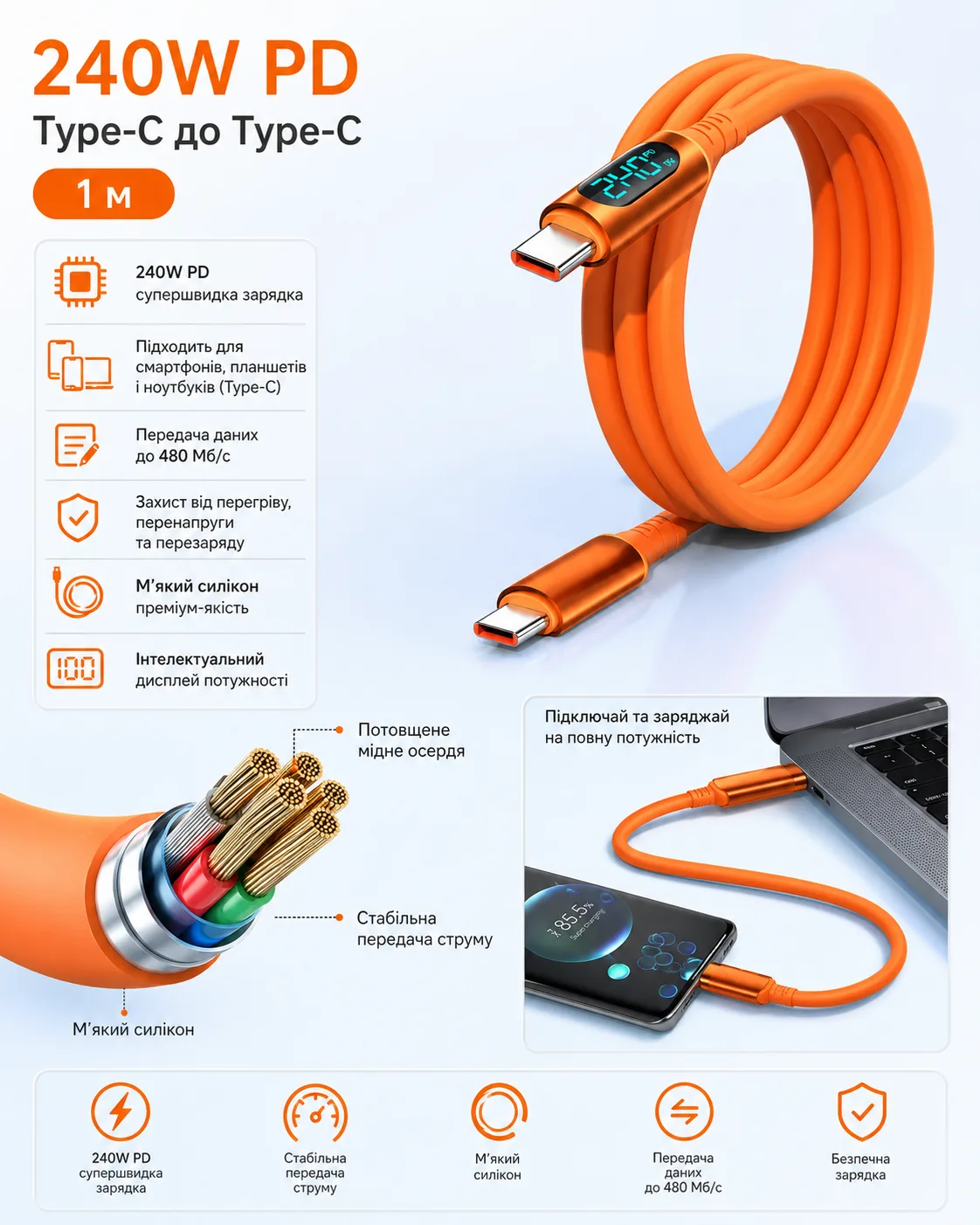 Type C кабель быстрая зарядка 100- 240W + дисплей + PD,  для всех  устройств. — изображение 4