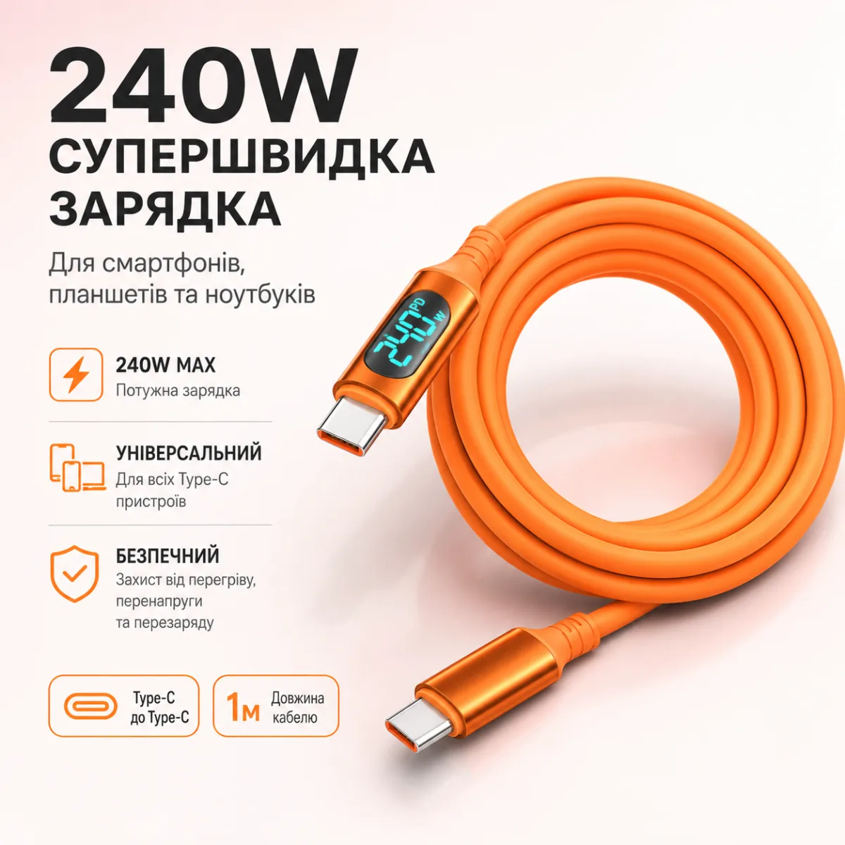 Type C кабель быстрая зарядка 100- 240W + дисплей + PD,  для всех  устройств. — изображение 6