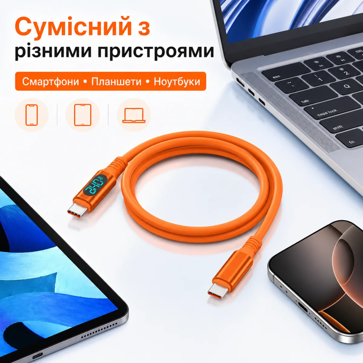 Type C кабель быстрая зарядка 100- 240W + дисплей + PD,  для всех  устройств. — изображение 2