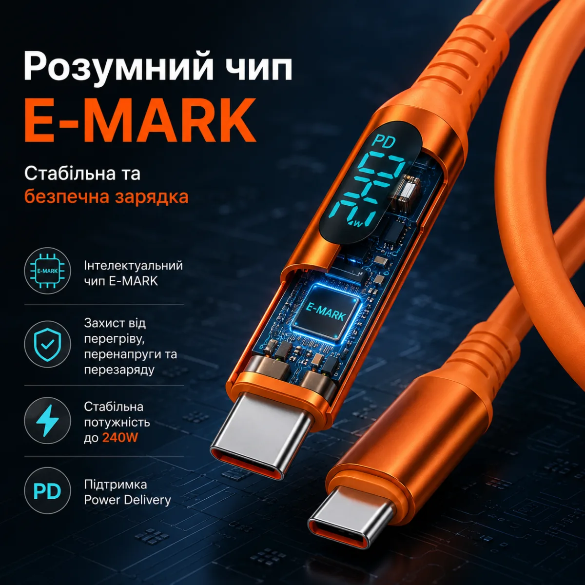 Type C кабель быстрая зарядка 100- 240W + дисплей + PD,  для всех  устройств. — изображение 8