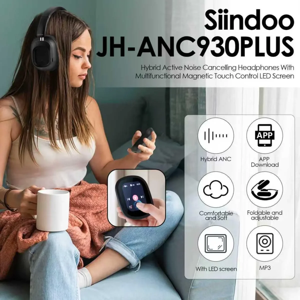 Беспроводные наушники Siindoo JH-ANC930PLUS   с съёмным магнитным сенсорным дисплеем • Hybrid ANC шумоподавление 40 часов — изображение 2