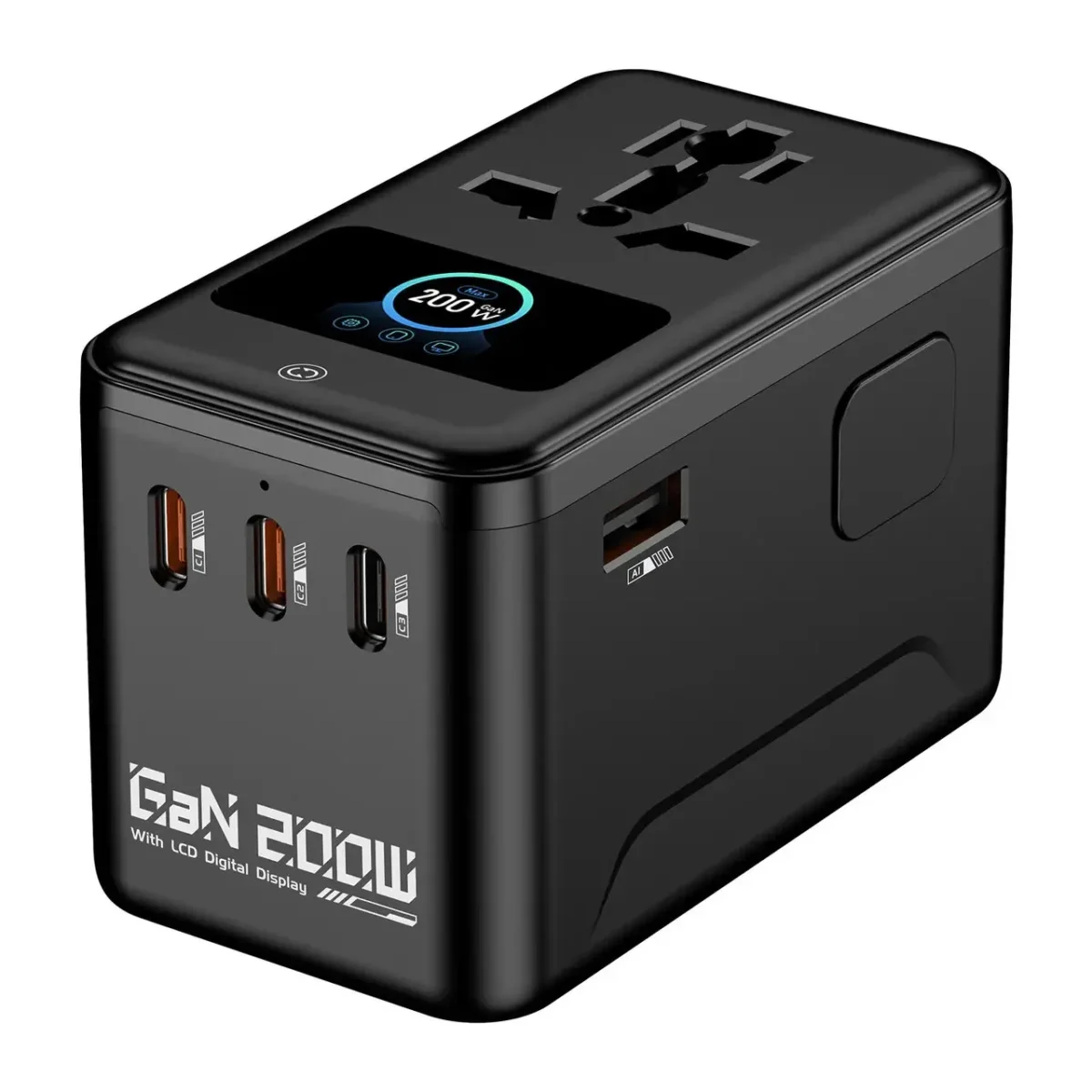 200W GaN Сверхмощный Travel Charger с цифровым TFT-дисплеем, кулером, 3×USB-C + USB-A и сменными вилками — изображение 2