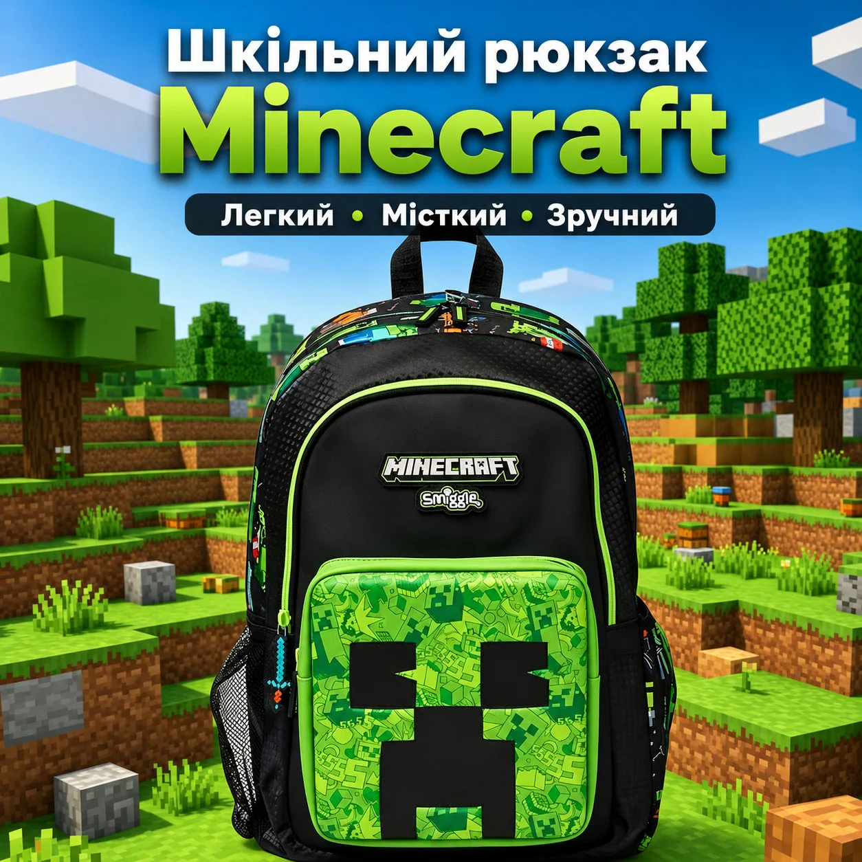 ChatGPT Image 15 мая 2026 г., 16_59_23 (4) Большой школьный рюкзак Minecraft Smiggle 42×30×15 см для 3–6 класса | Легкий детский рюкзак с карманами и водоотталкивающей ткань — изображение 1