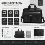 Деловая сумка для ноутбука WEIXIER 15.6″ черная | Мужской бизнес-портфель из PU кожи с плечевым ремнем — изображение 3