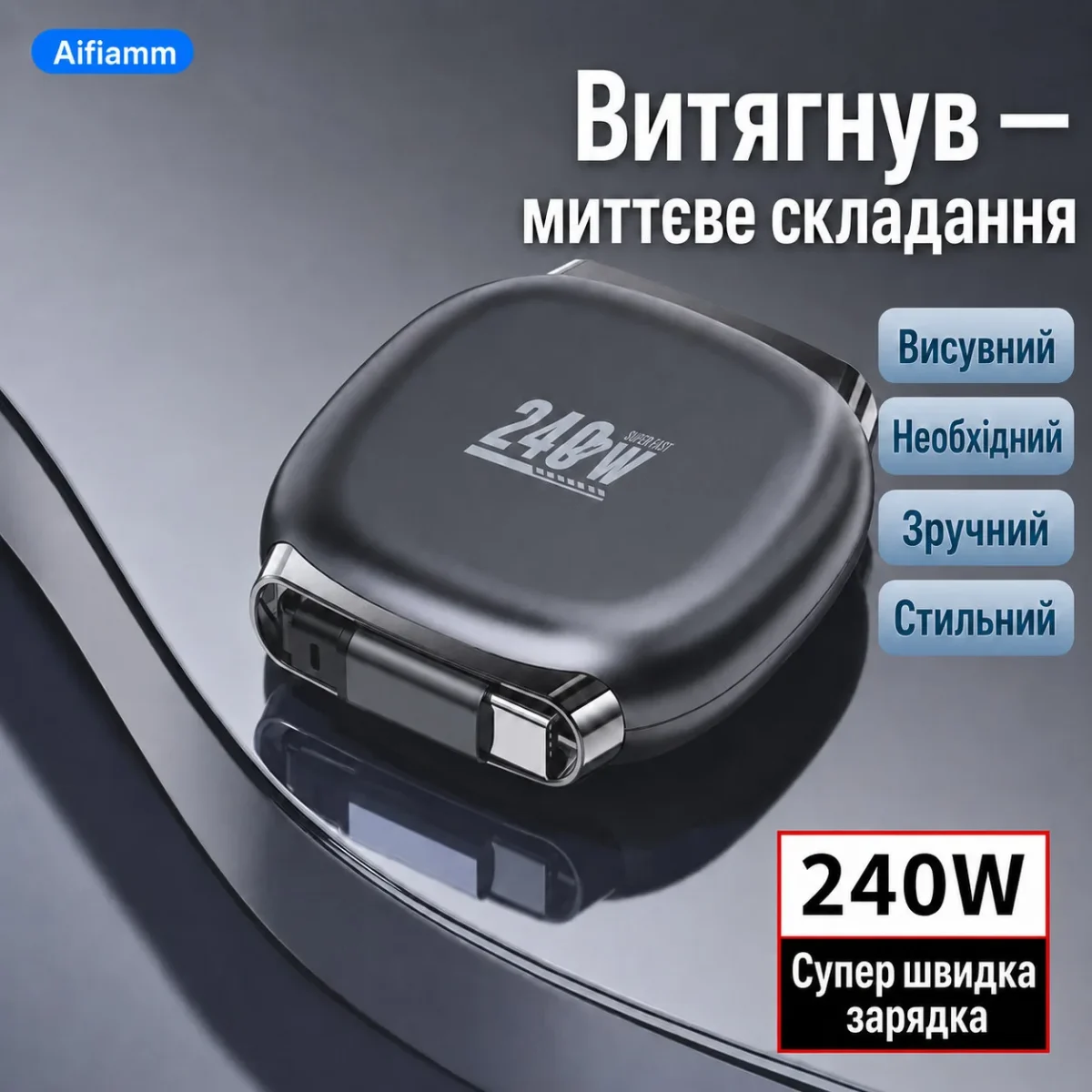 Магнитный кабель 240W Aifiamm Type-C — Type-C | Выдвижной зарядный кабель для iPhone 15/16, Android, планшета и ноутбука — изображение 5