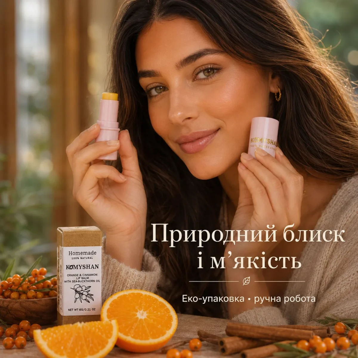 Натуральный бальзам для губ Komyshan HandMade "Облепиха + Апельсин+ корица " — изображение 5
