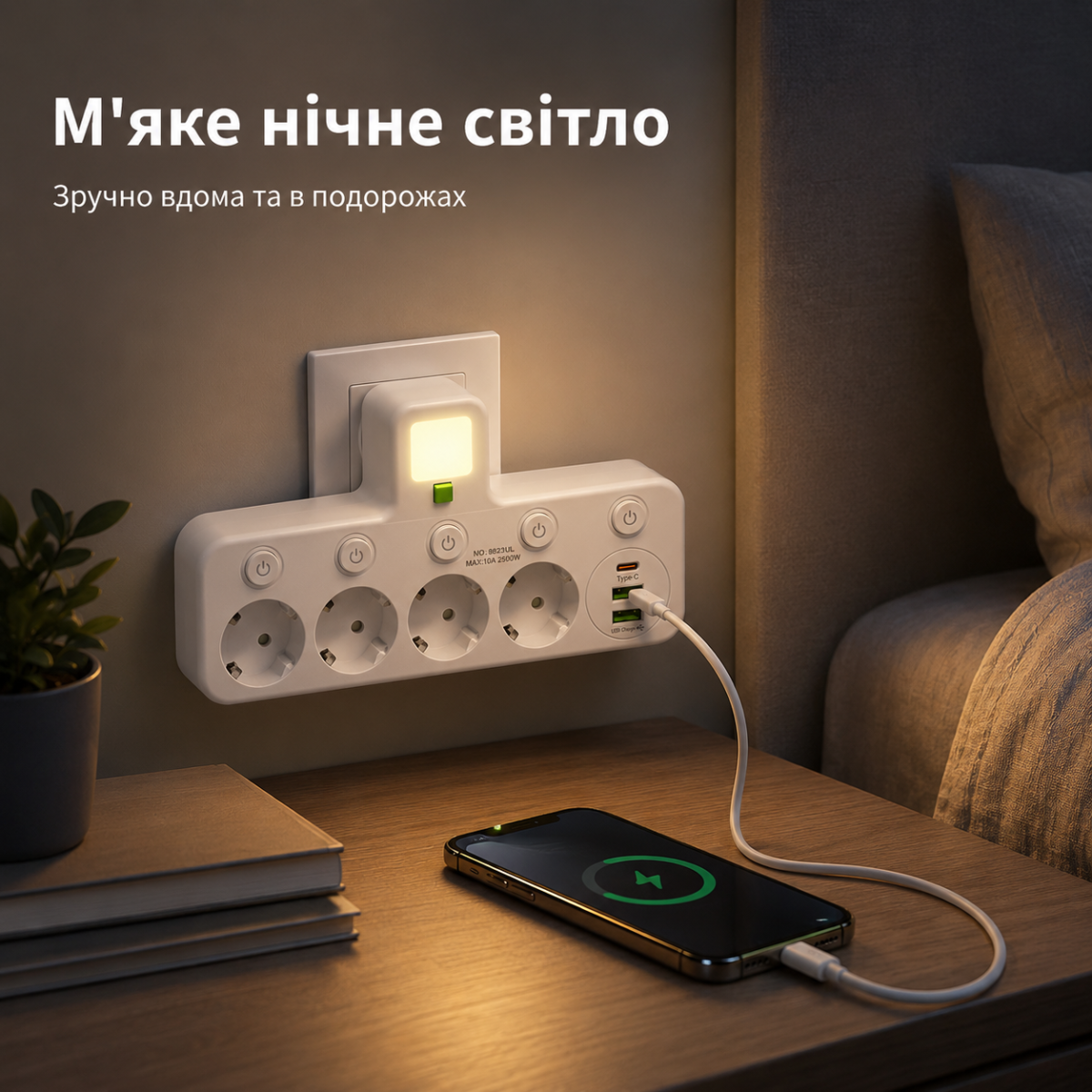Розетка-адаптер с ночником 2500W на 4 розетки, 2 USB и Type-C, с отдельными кнопками включения — изображение 9