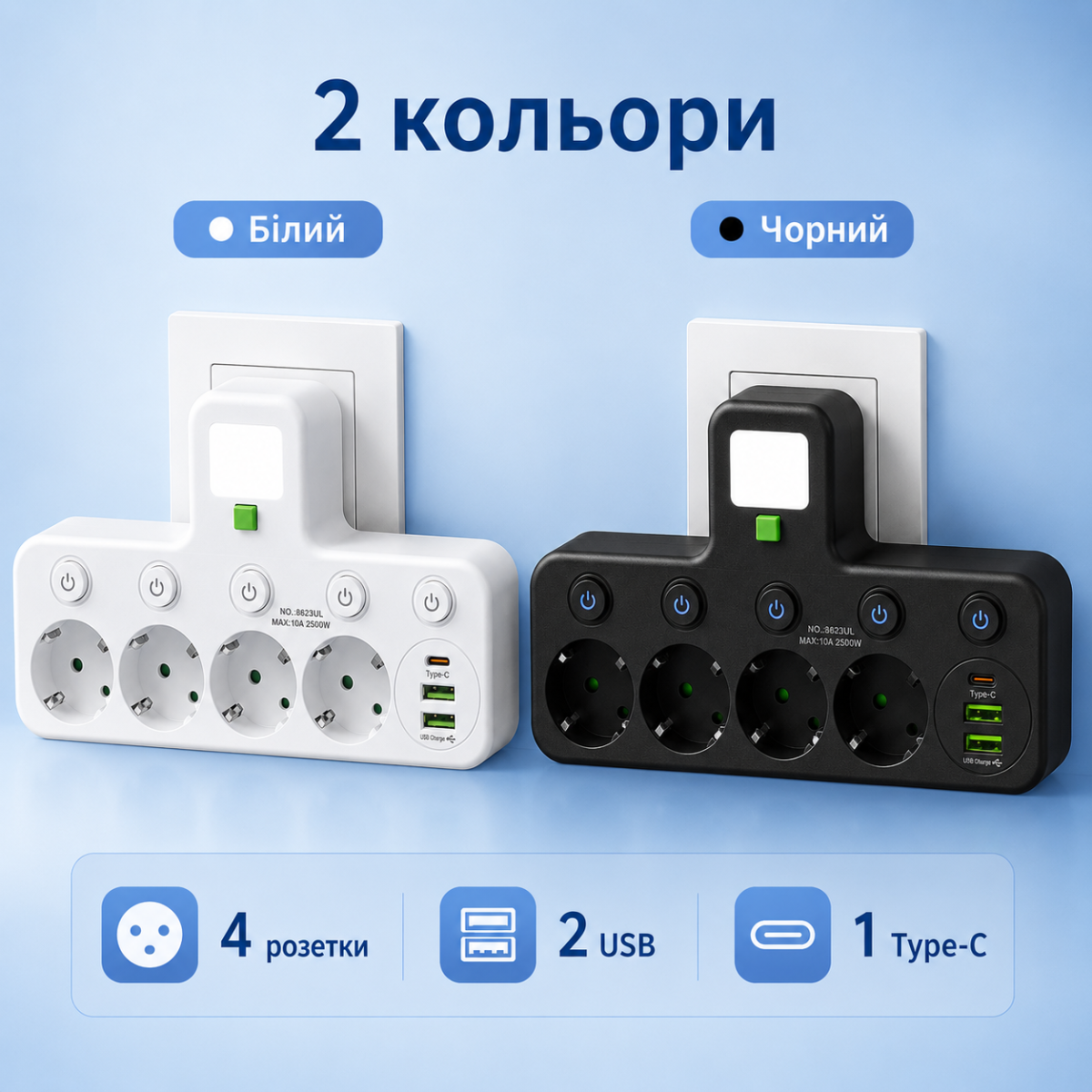 Розетка-адаптер с ночником 2500W на 4 розетки, 2 USB и Type-C, с отдельными кнопками включения — изображение 10
