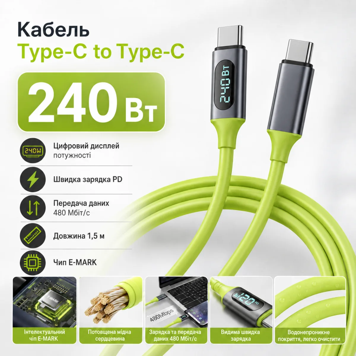 120-240W PD Type-C to Type-C кабель с цифровым дисплеем, 480 Мбит/с, 1.5 м — изображение 2