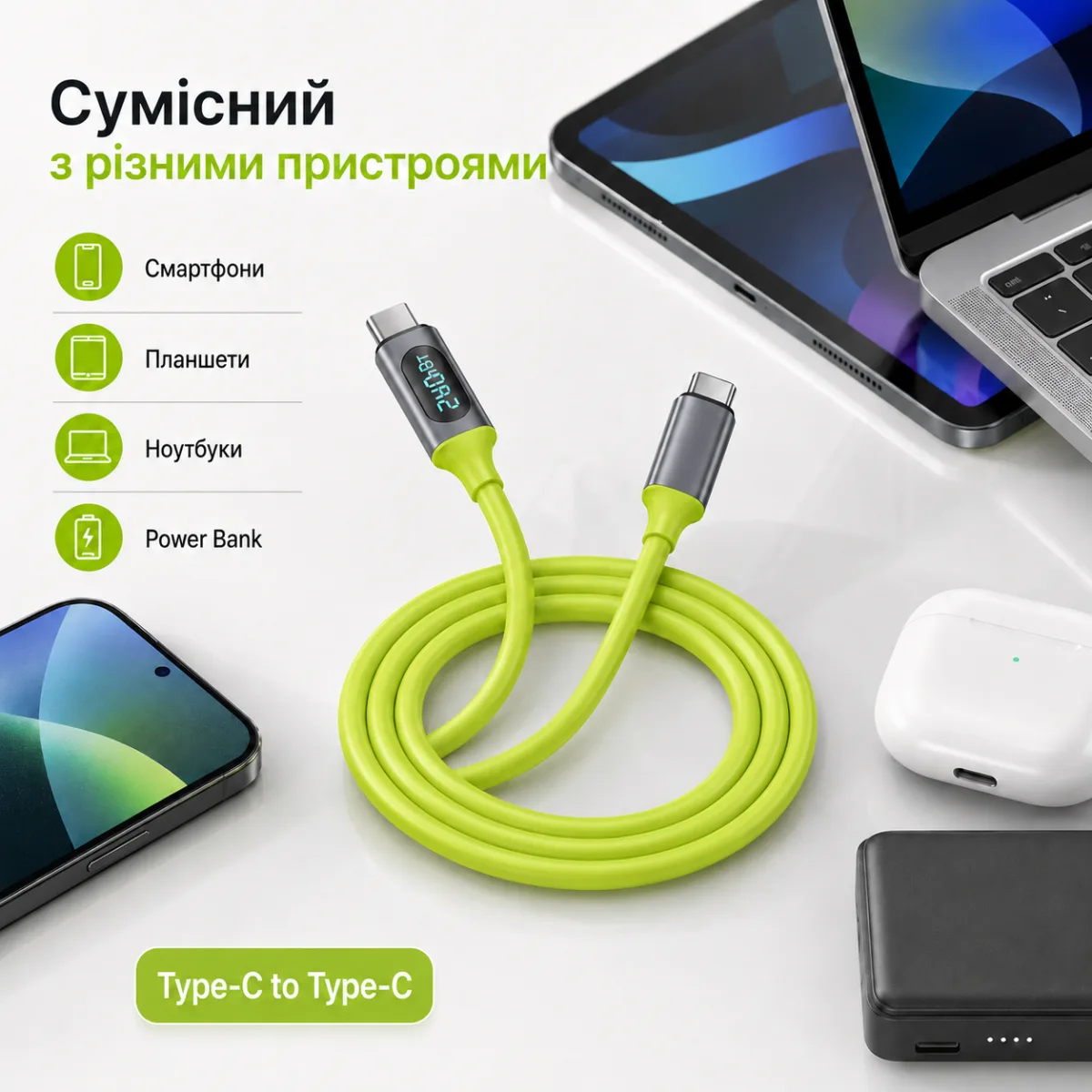 120-240W PD Type-C to Type-C кабель с цифровым дисплеем, 480 Мбит/с, 1.5 м — изображение 6