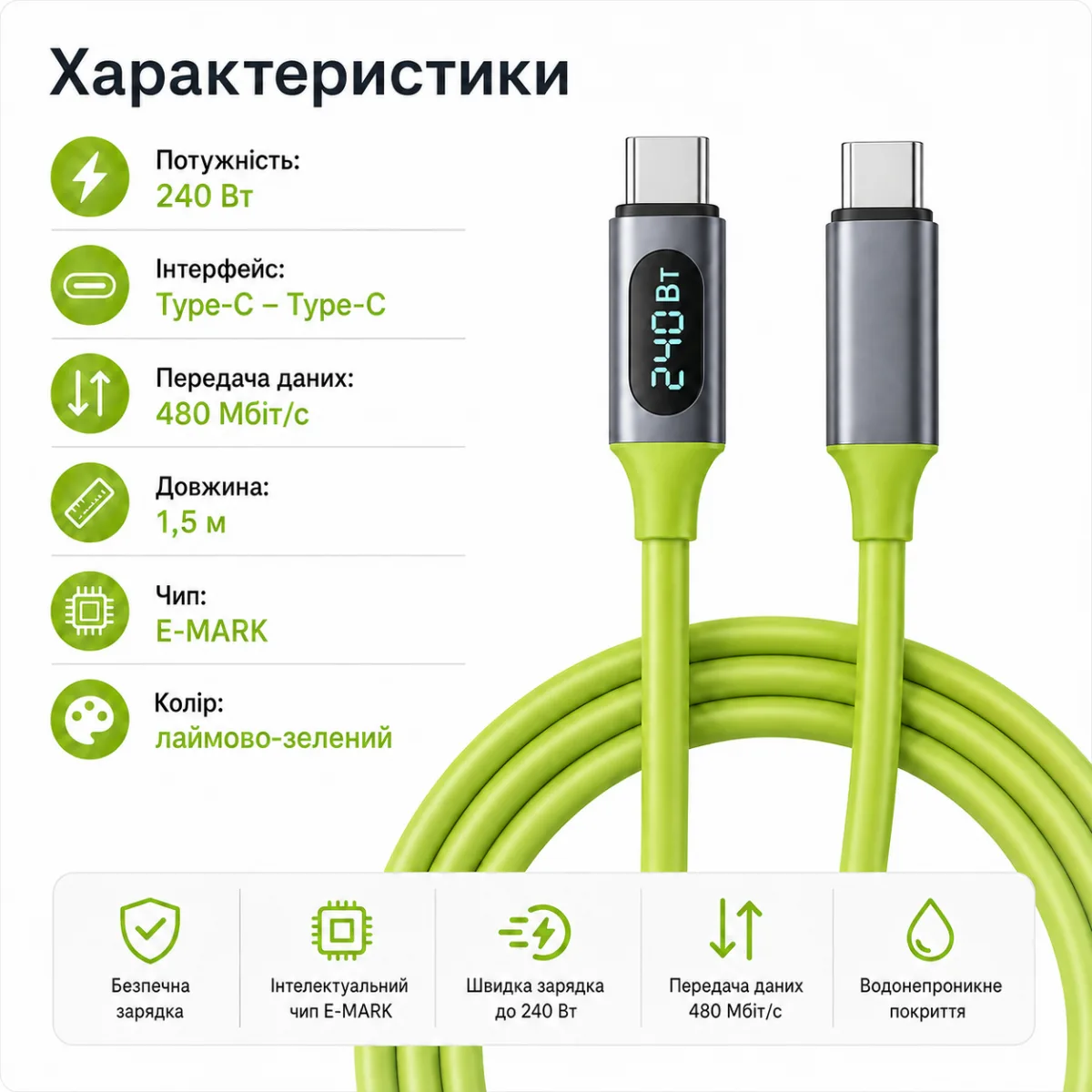 120-240W PD Type-C to Type-C кабель с цифровым дисплеем, 480 Мбит/с, 1.5 м — изображение 7