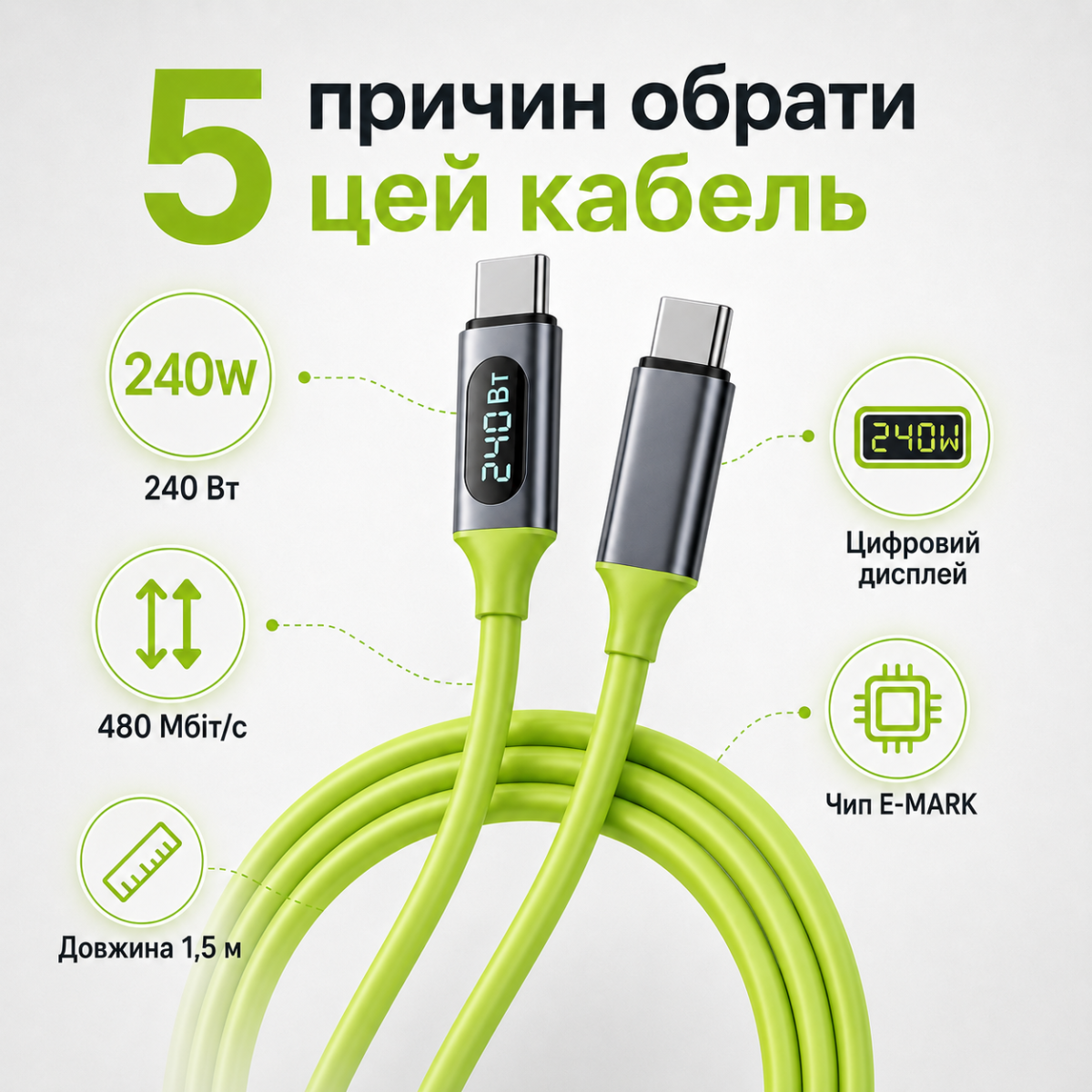 120-240W PD Type-C to Type-C кабель с цифровым дисплеем, 480 Мбит/с, 1.5 м — изображение 8