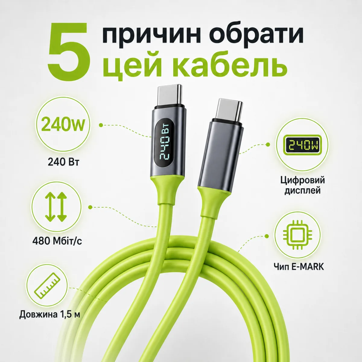 120-240W PD Type-C to Type-C кабель с цифровым дисплеем, 480 Мбит/с, 1.5 м — изображение 8