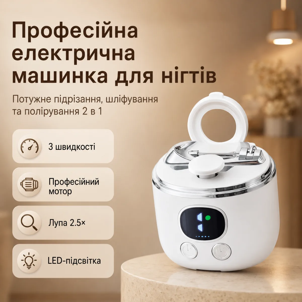 Профессиональная электрическая машинка для стрижки ногтей 3 в 1 с лупой 2,5×, LED-подсветкой, 3 скоростями и контейнером для срезов — изображение 5