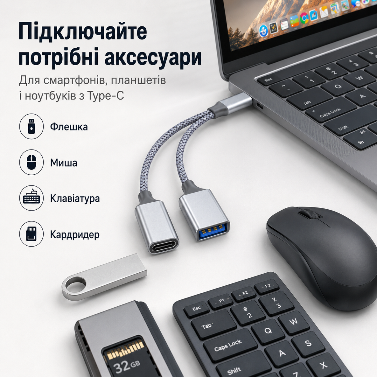 OTG переходник Type-C на USB + Type-C 5V/2A 10W, разветвитель для телефона, планшета, ноутбука — изображение 7