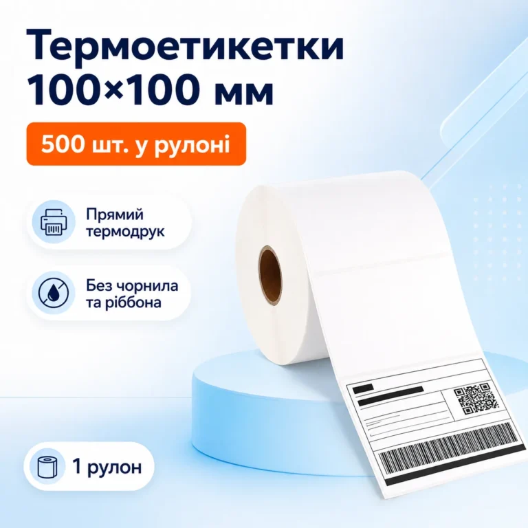 Термоэтикетки 100×100 мм, 500 штук в рулоне