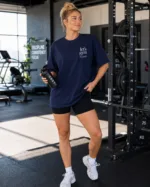 Женская  футболка  Let’s Gym тёмно-синяя из хлопка с принтом — изображение 8