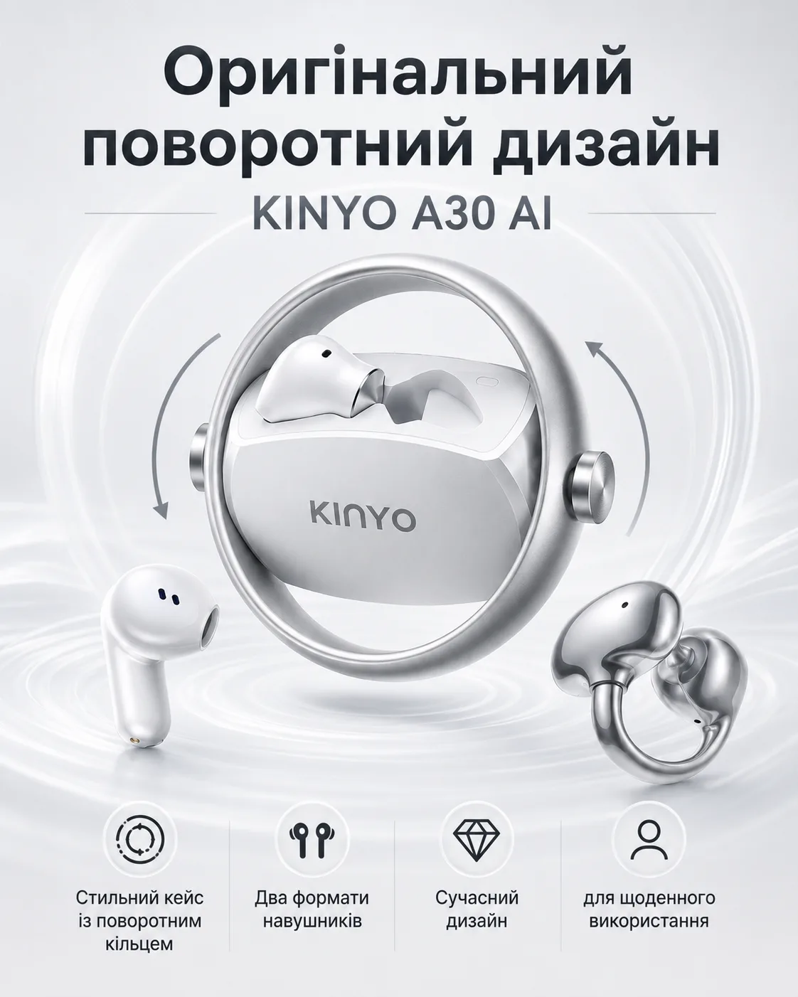 Беспроводные AI-наушники-переводчик KINYO A30 AI 2-в-1, вкладыши и клипсы, Bluetooth 5.4, — изображение 2