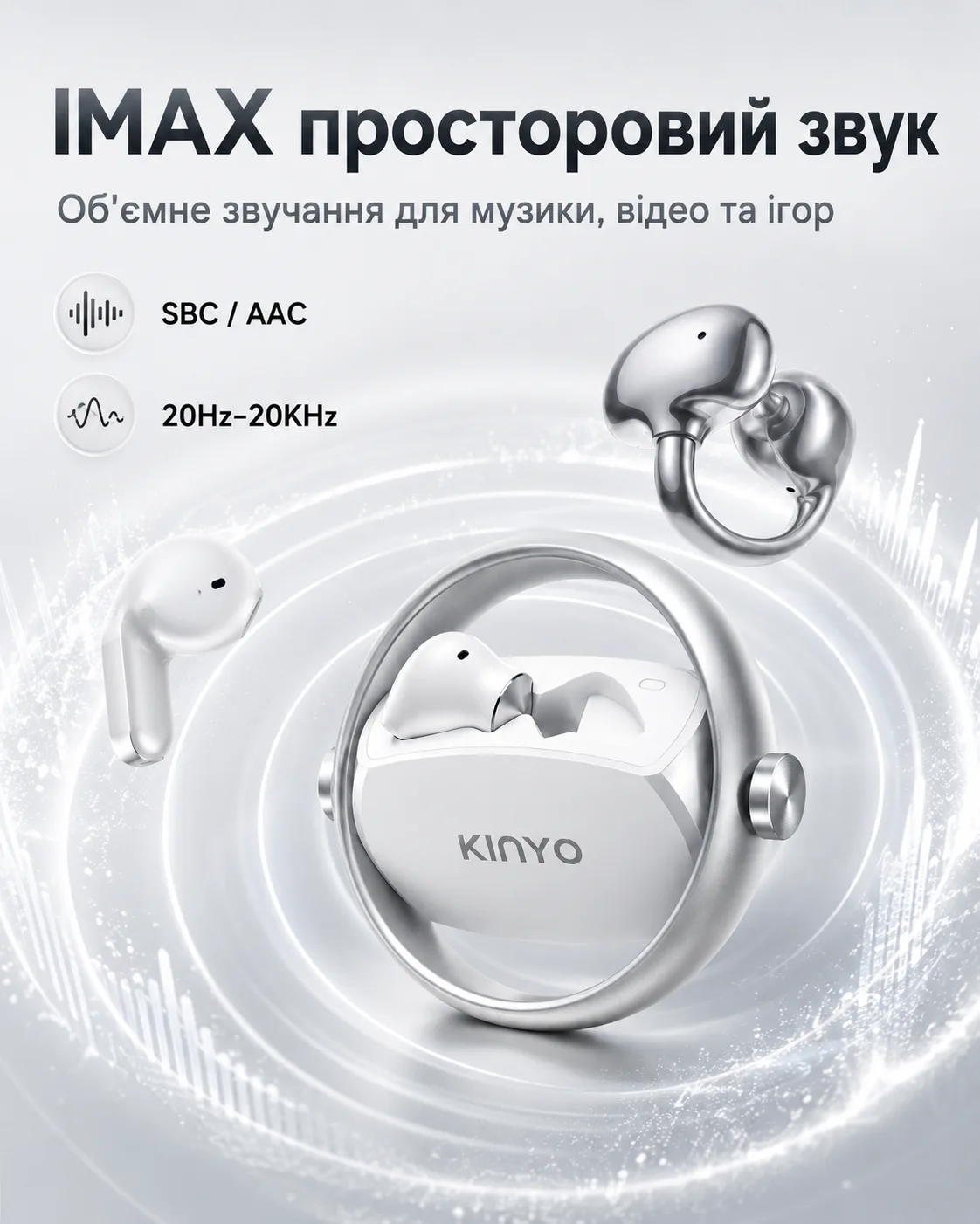 Беспроводные AI-наушники-переводчик KINYO A30 AI 2-в-1, вкладыши и клипсы, Bluetooth 5.4, — изображение 7