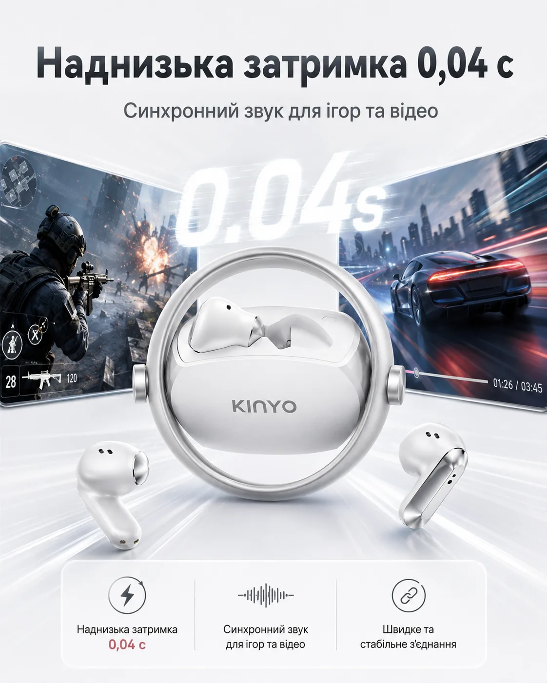 Беспроводные AI-наушники-переводчик KINYO A30 AI 2-в-1, вкладыши и клипсы, Bluetooth 5.4, — изображение 6