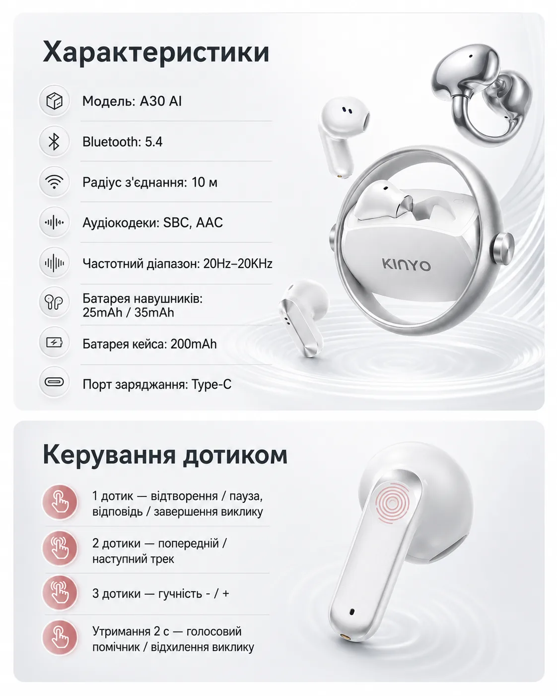 Беспроводные AI-наушники-переводчик KINYO A30 AI 2-в-1, вкладыши и клипсы, Bluetooth 5.4, — изображение 4