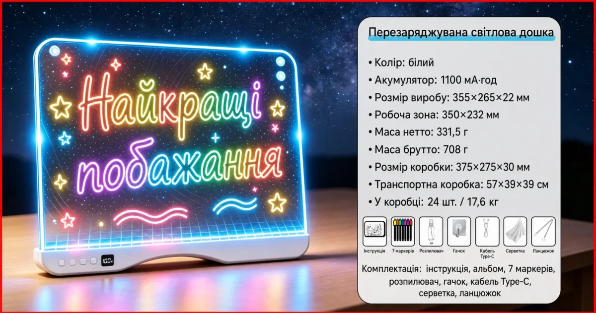 Светящаяся LED-доска для рисования 35,5×26,5 см, аккумулятор 1100 мА·ч, 7 цветов — белая — изображение 8