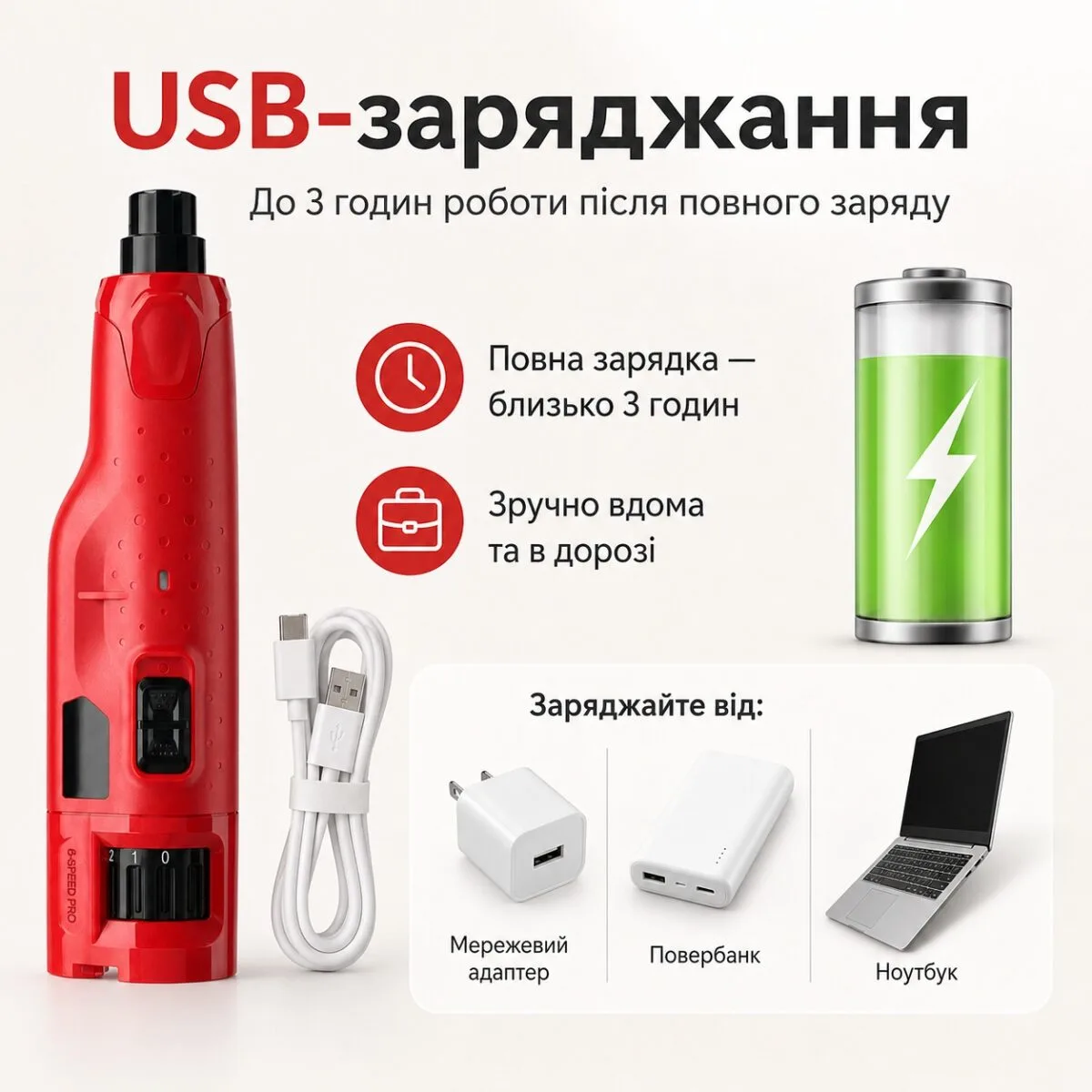 Аккумуляторный гриндер для когтей собак и кошек N65, 6 скоростей, LED-подсветка, USB — изображение 6