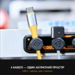 Магнитный органайзер для кабелей ucivet с 4 фиксаторами и двумя базами, чёрно-оранжевый — изображение 3