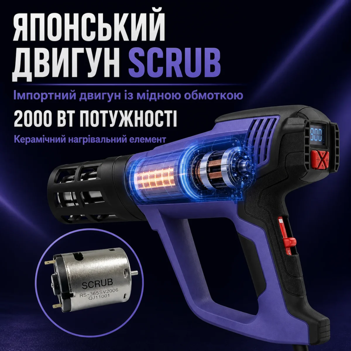 Профессиональный строительный фен QILI QR-323 2000 Вт, 60–650°C, LCD , 3 режима+6 touch , 2 насадки/термокожух — изображение 4
