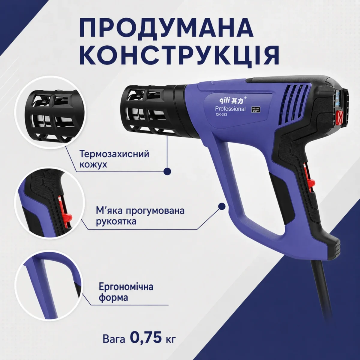 Профессиональный строительный фен QILI QR-323 2000 Вт, 60–650°C, LCD , 3 режима+6 touch , 2 насадки/термокожух — изображение 8