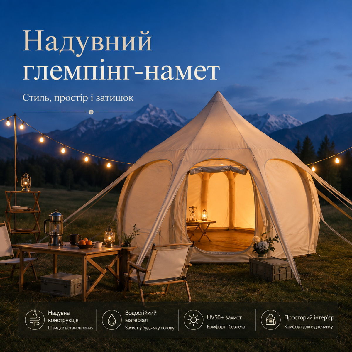 Надувная глэмпинг-палатка 4×4×2,8 м — бежевая, для базы отдыха, глэмпинга и кемпинга — изображение 9