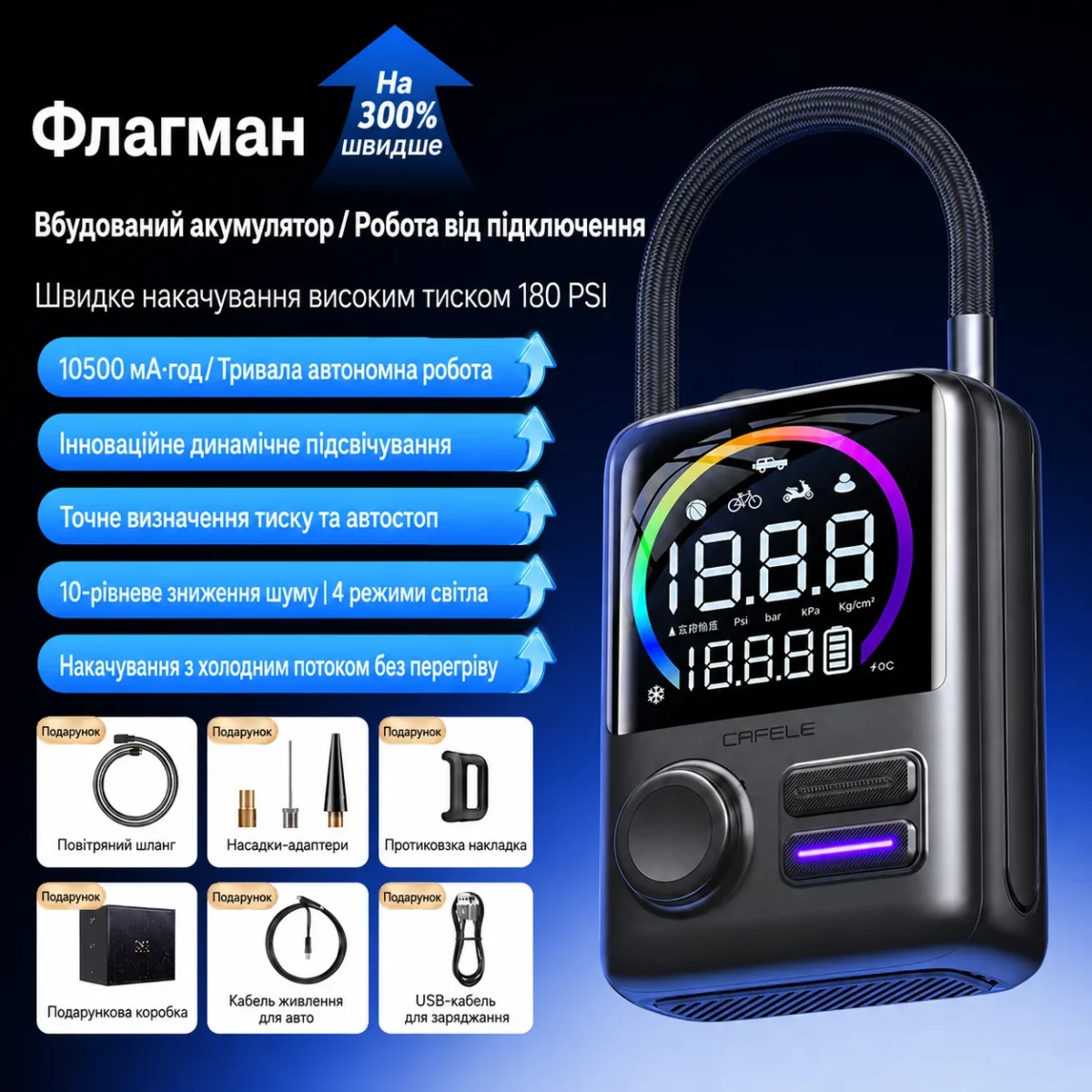 Портативный автомобильный компрессор CAFELE 180 PSI, 10500 мА·ч, 160 Вт, бесщеточный, 12 В, автостоп — изображение 5