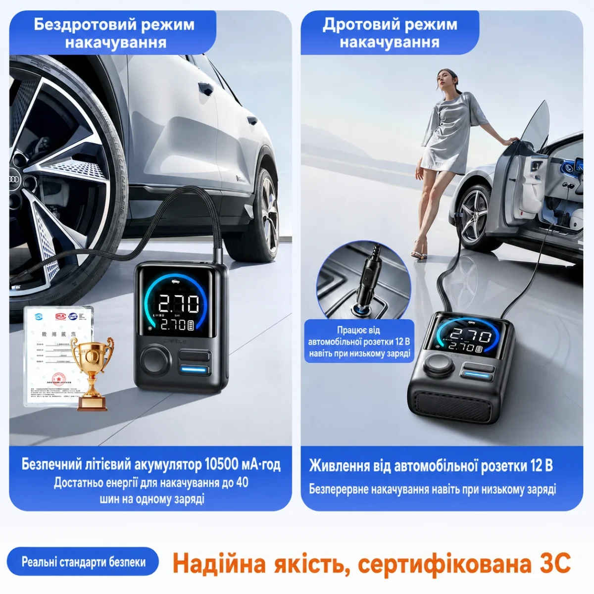 Портативный автомобильный компрессор CAFELE 180 PSI, 10500 мА·ч, 160 Вт, бесщеточный, 12 В, автостоп — изображение 6