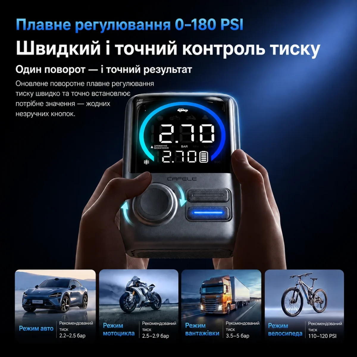 Портативный автомобильный компрессор CAFELE 180 PSI, 10500 мА·ч, 160 Вт, бесщеточный, 12 В, автостоп — изображение 10