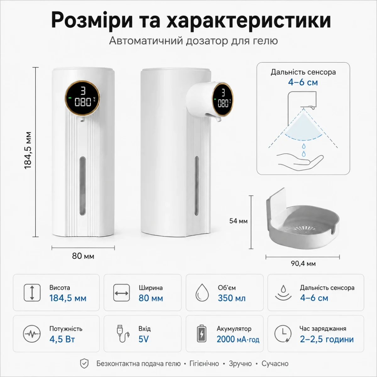 Автоматический сенсорный дозатор MYX-W5 для геля и жидкого мыла, 350 мл, 2000 мАч, 5 уровней, IPX6 — изображение 2