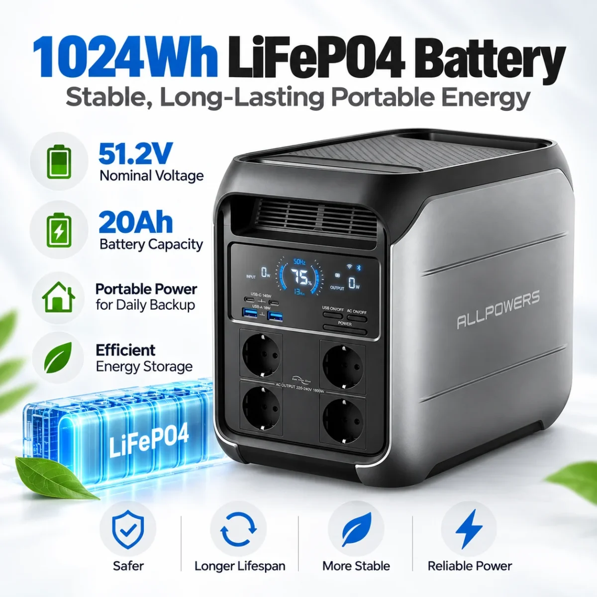 Портативная зарядная станция ALLPOWERS P1800 1800W 1024Wh LiFePO4, пик 3600W, Wi‑Fi/Bluetooth — изображение 4