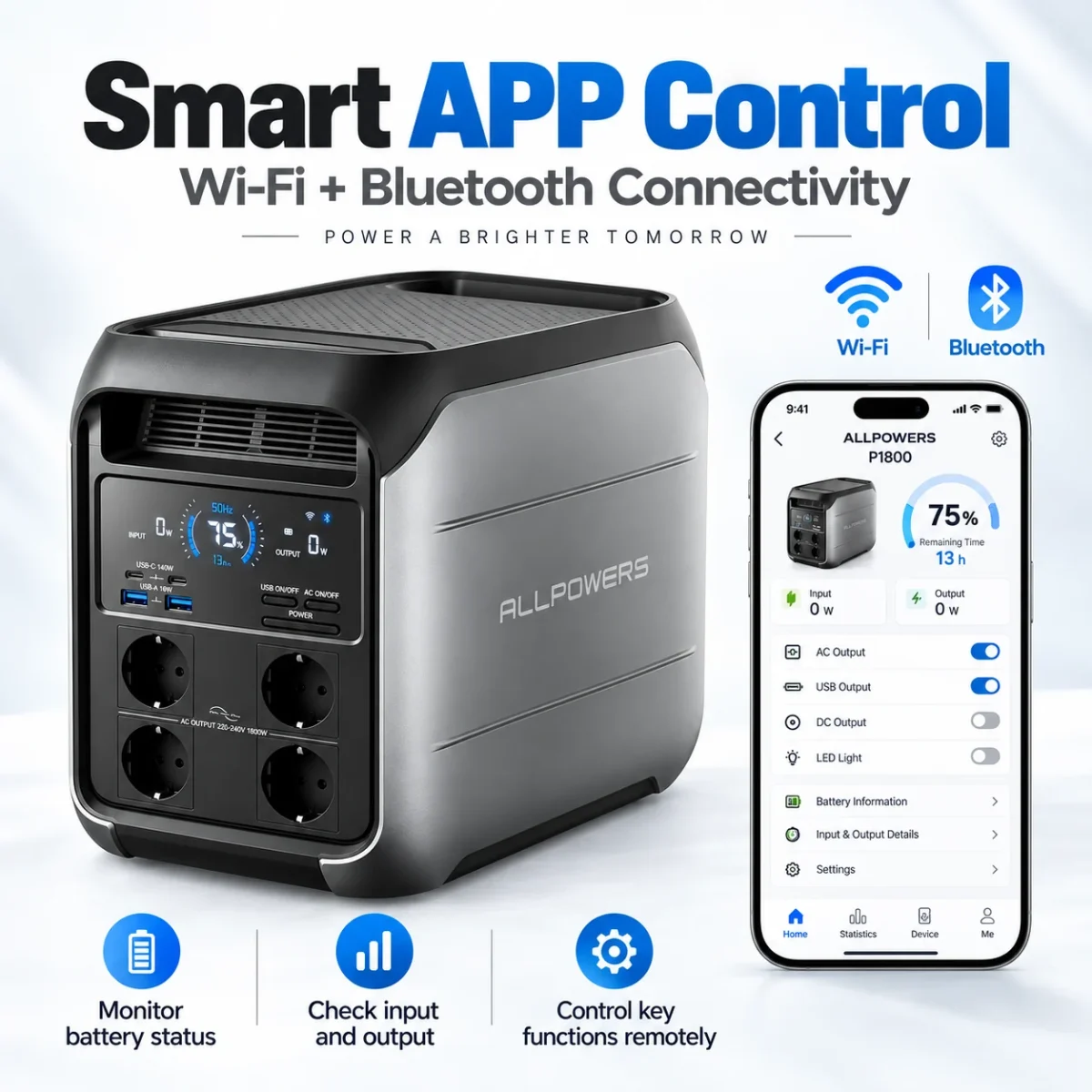 Портативная зарядная станция ALLPOWERS P1800 1800W 1024Wh LiFePO4, пик 3600W, Wi‑Fi/Bluetooth — изображение 7