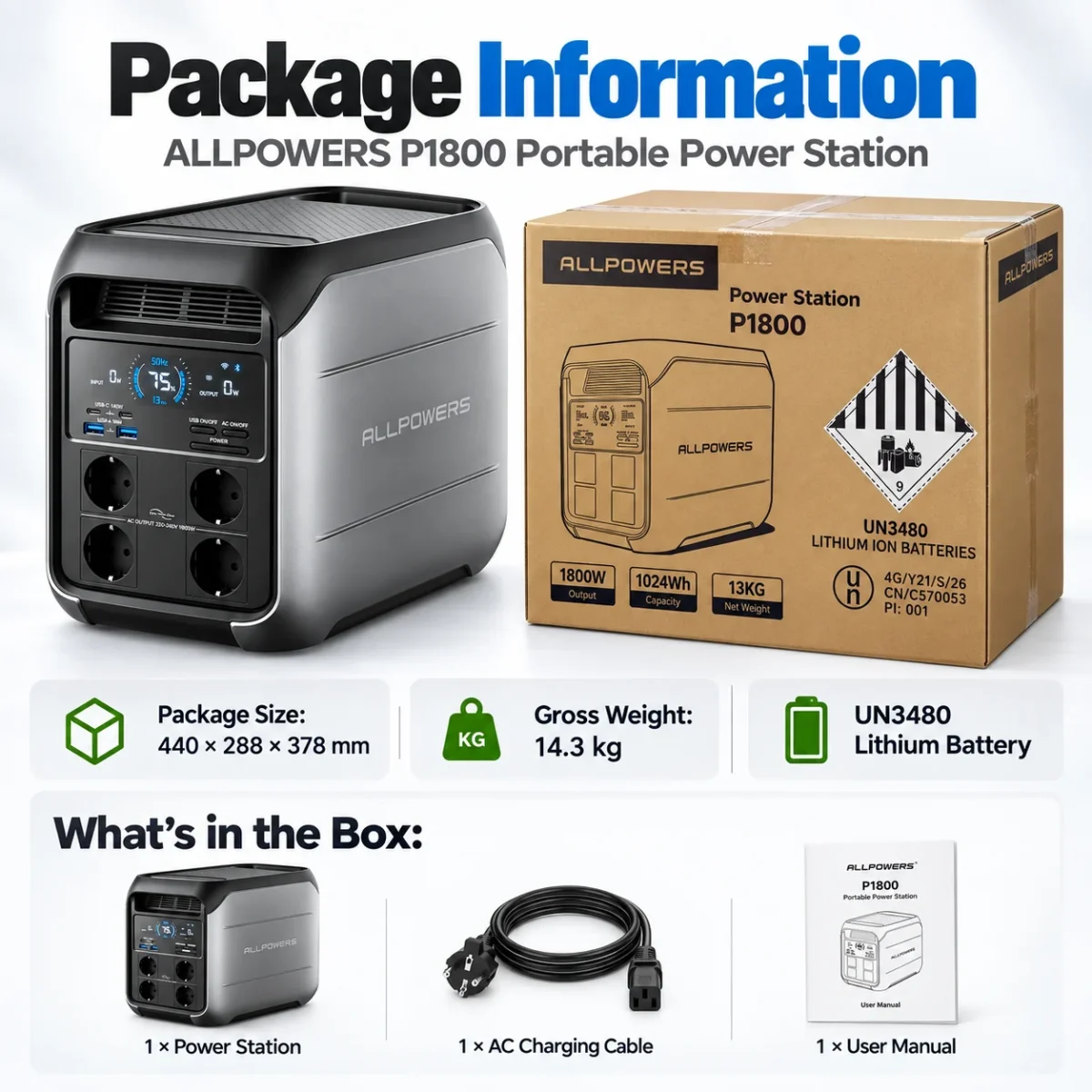 Портативная зарядная станция ALLPOWERS P1800 1800W 1024Wh LiFePO4, пик 3600W, Wi‑Fi/Bluetooth — изображение 9