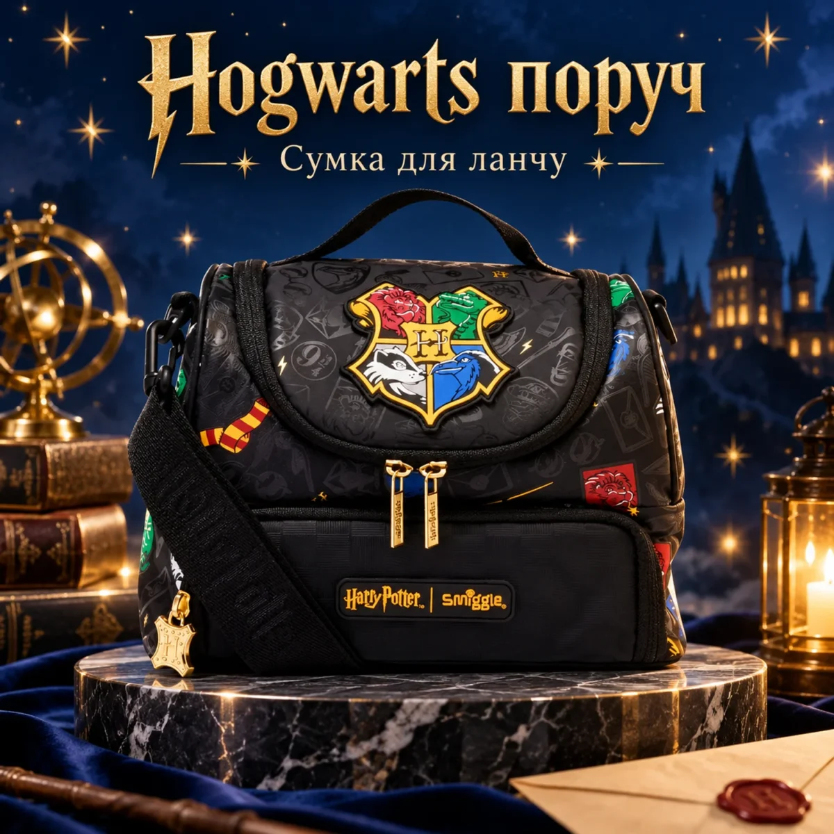 Детская термосумка для ланча Smiggle Hogwarts, 2 отделения, черная с плечевым ремнем — фото 3