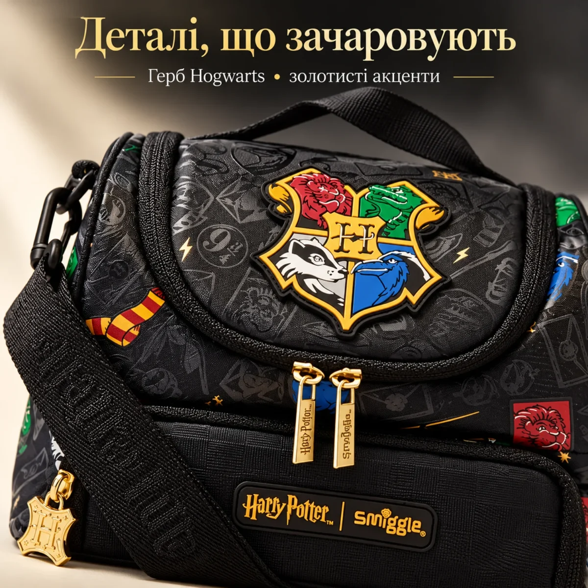 Детская термосумка для ланча Smiggle Hogwarts, 2 отделения, черная с плечевым ремнем — фото 4