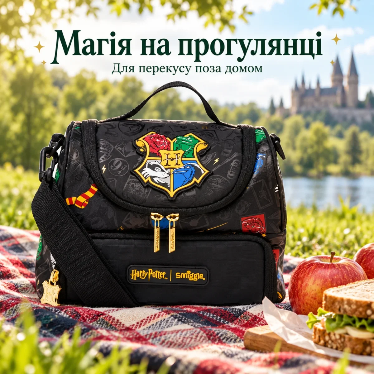 Детская термосумка для ланча Smiggle Hogwarts, 2 отделения, черная с плечевым ремнем — фото 6