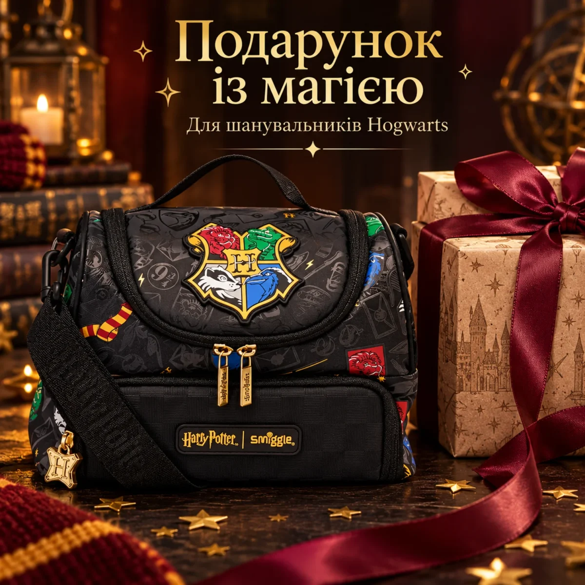 Детская термосумка для ланча Smiggle Hogwarts, 2 отделения, черная с плечевым ремнем — фото 7