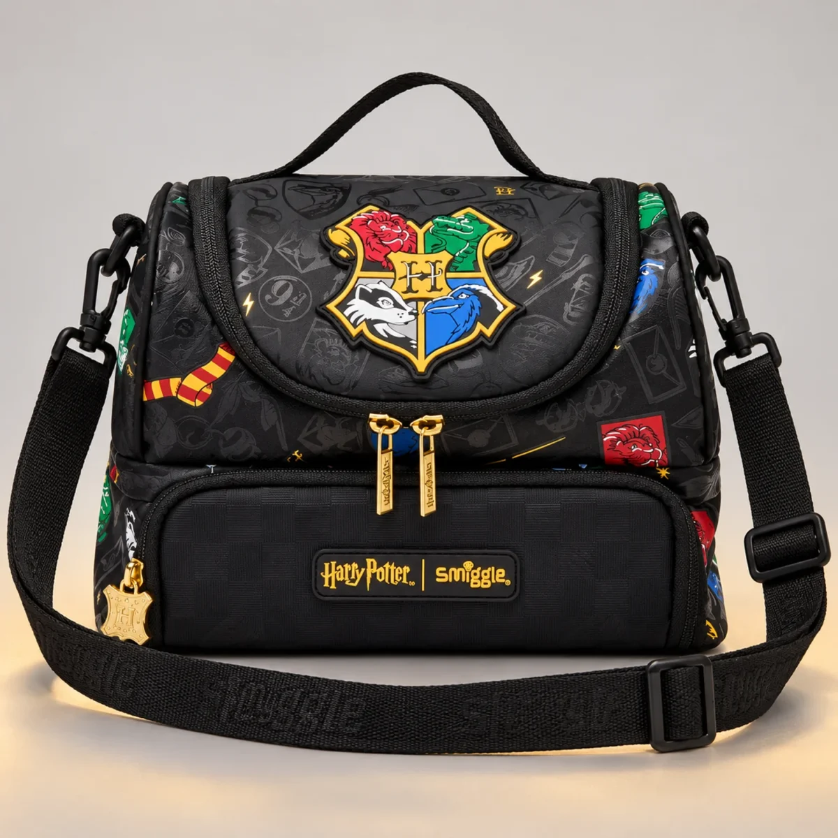 Детская термосумка для ланча Smiggle Hogwarts, 2 отделения, черная с плечевым ремнем — фото 8