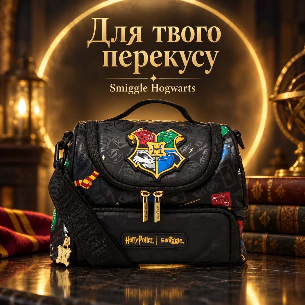 Детская термосумка для ланча Smiggle Hogwarts, 2 отделения, черная с плечевым ремнем — фото 9