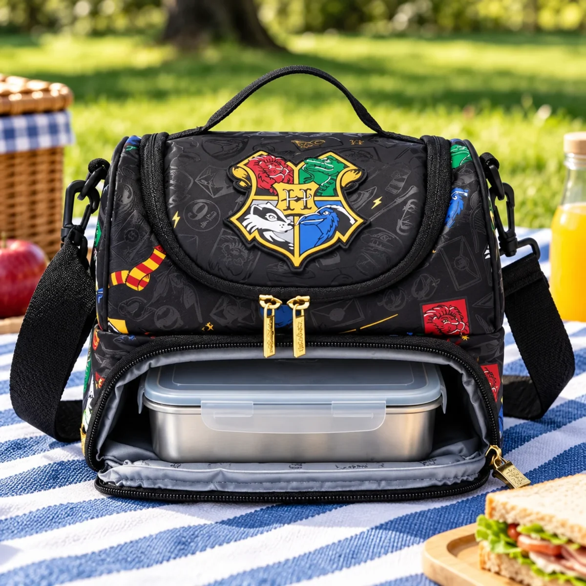 Детская термосумка для ланча Smiggle Hogwarts, 2 отделения, черная с плечевым ремнем — фото 10